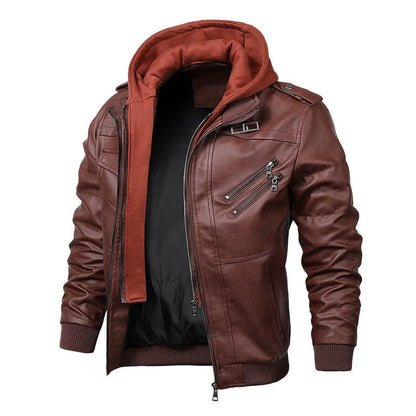 Synthetic Leather Biker Jacket with Removable Hood