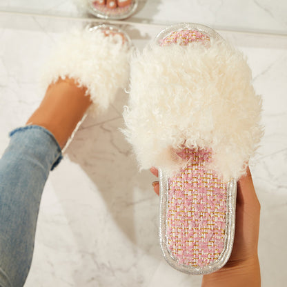 Open Toe Fluffy Bedroom Slippers Soft Footbed Shoes