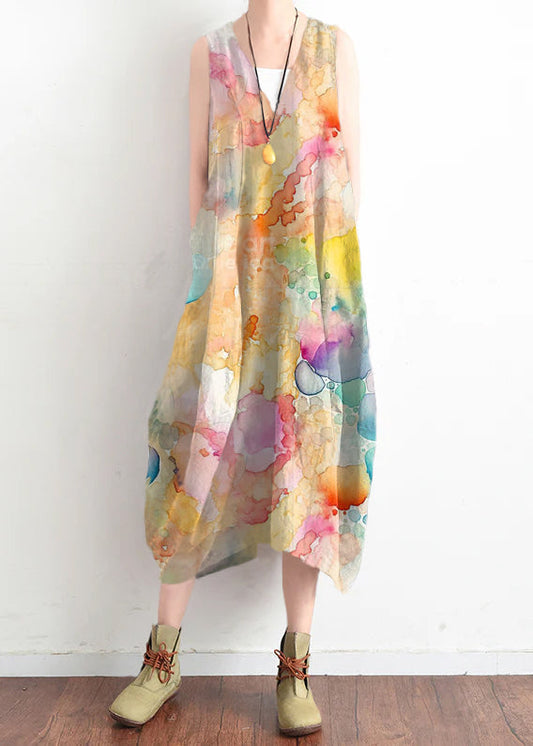 Women's Linen Cotton V Neck Summer Dress Geometric Print - OutfitLondon