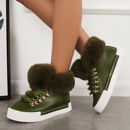 Platform Lace Up Warm Fur Lined Sneakers Flat Ankle Boots