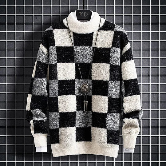 Cozy Mens Plaid Crew Neck Jumper