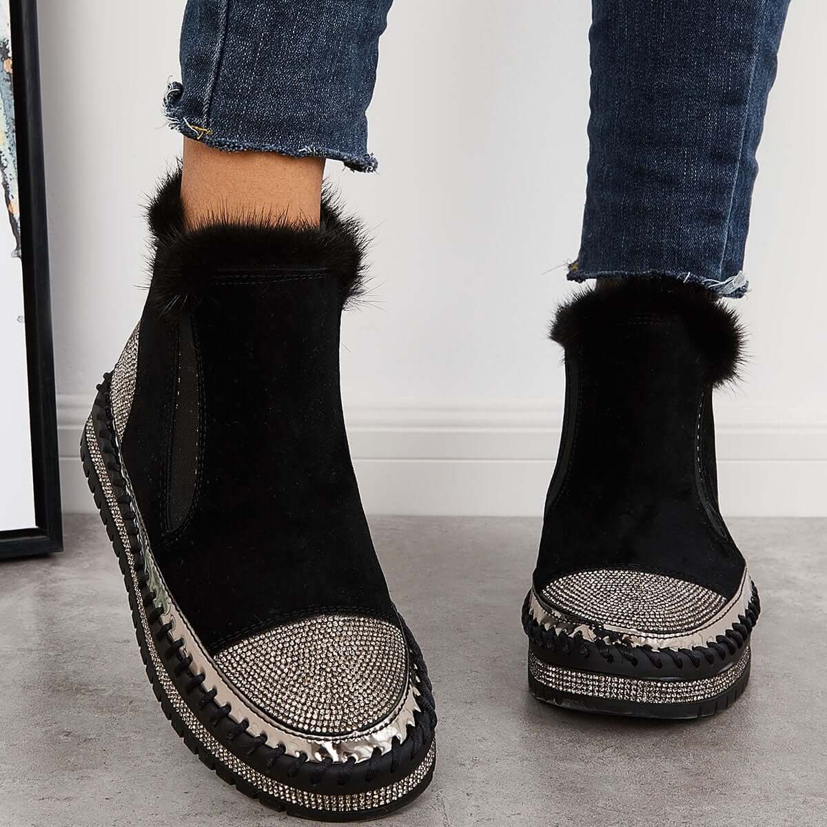 Warm Fur Lined Slip on Loafers Non Slip Ankle Boots