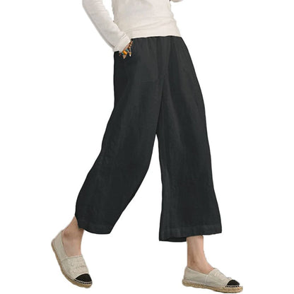Women Loose Cotton Capris Cropped Wide Leg Pants