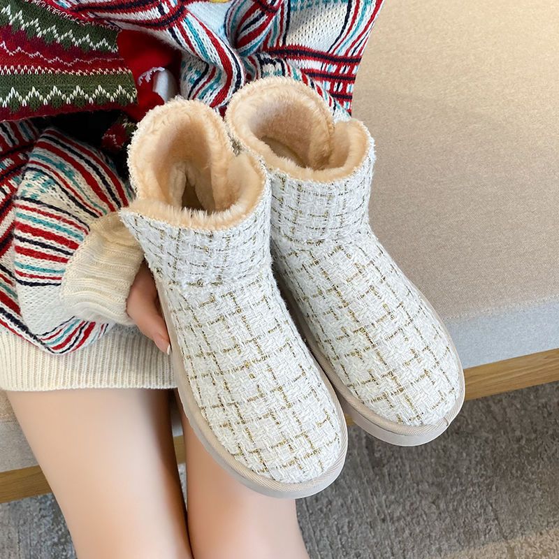 Plaid Design Slip On Ankle Boots Winter Thermal Snow Short Booties