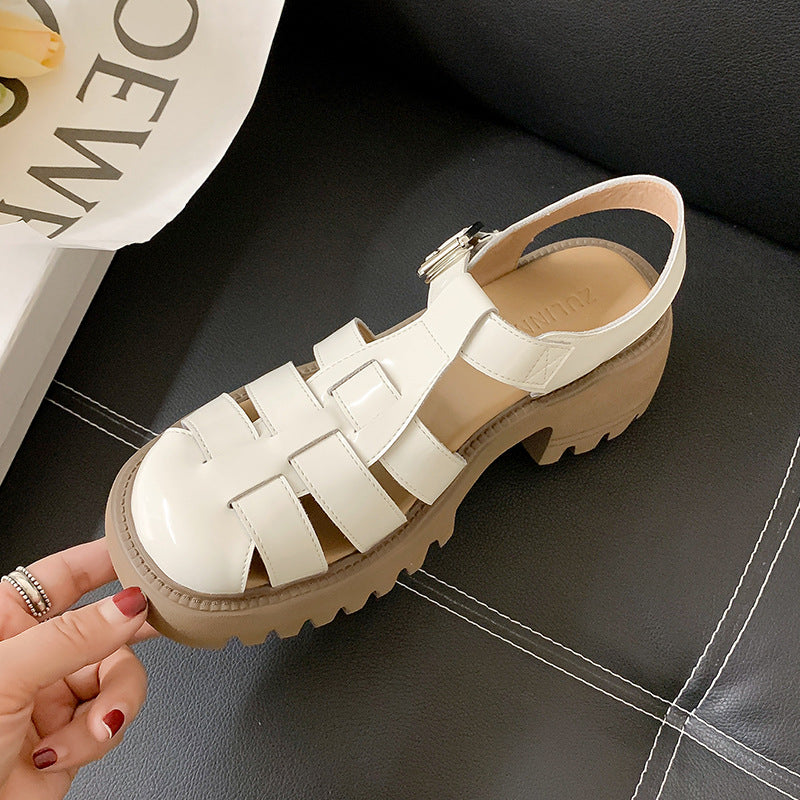 Closed Toe Slingback Mary Jane Shoes Chunky Heel T-Strap Sandals