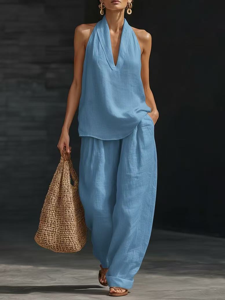 Women's Casual V-Neck Halter Cotton Top and Wide-Leg Pants Set