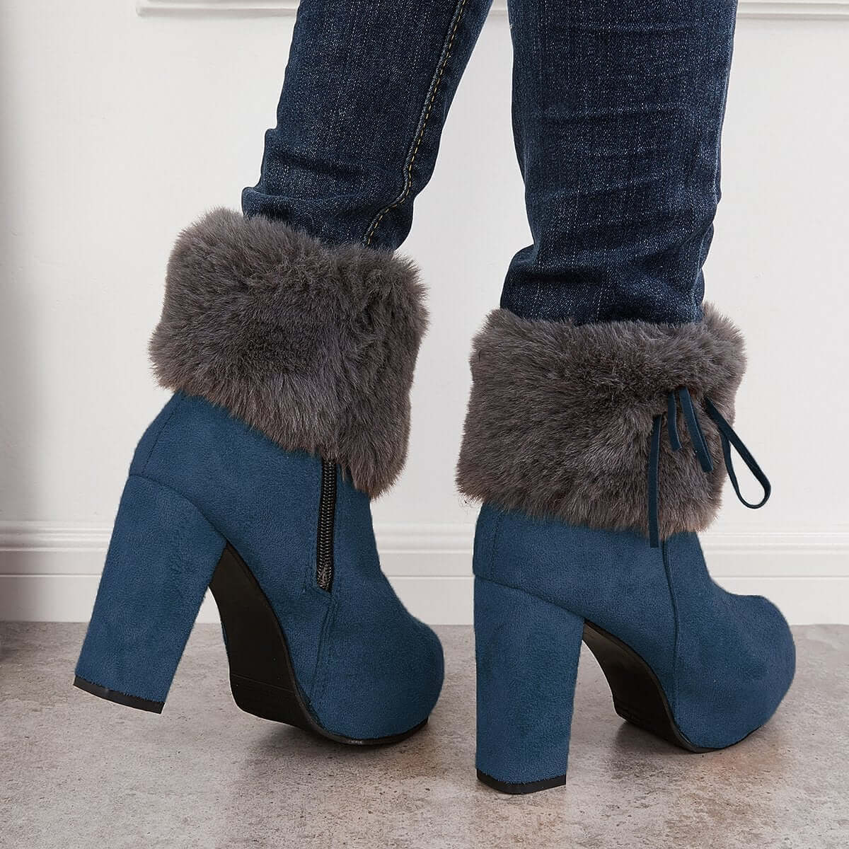 Furry Lined Ankle Snow Boots Platform Chunky High Heel Booties