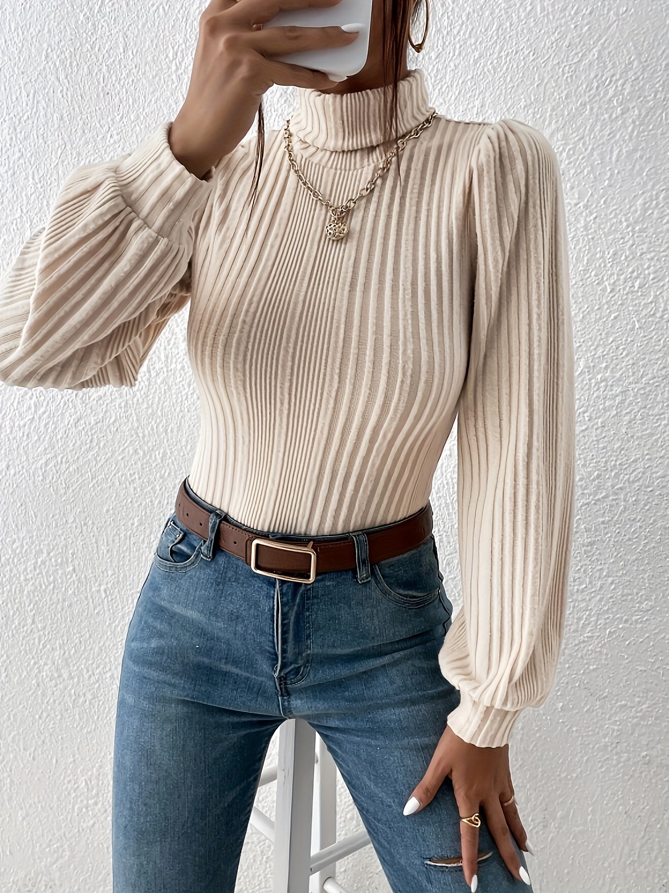 Cozy Beige Ladies Cable Knit Turtleneck Jumper