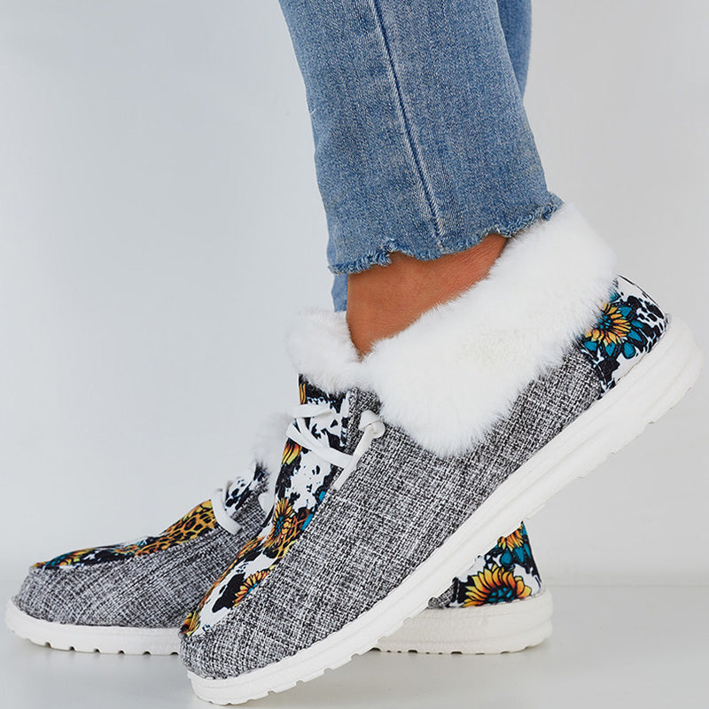 Wild Wendy Print Splicing Winter Flats Slip on Loafers Warm Fur Lined Ankle Boots