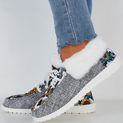 Wild Wendy Print Splicing Winter Flats Slip on Loafers Warm Fur Lined Ankle Boots