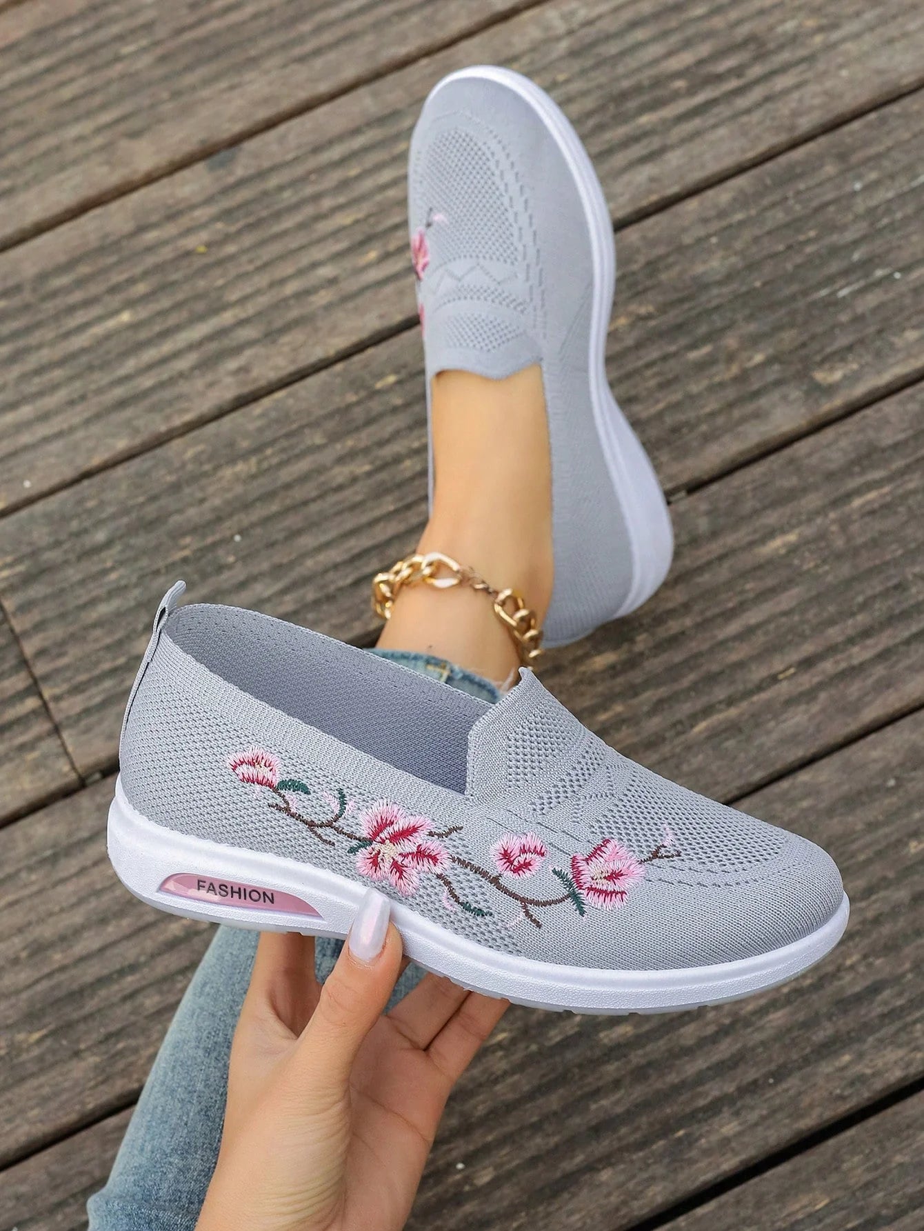 Sporty Sneakers For Women, Floral Embroidered Slip On Rocking Shoes
