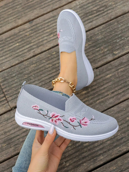 Sporty Sneakers For Women, Floral Embroidered Slip On Rocking Shoes