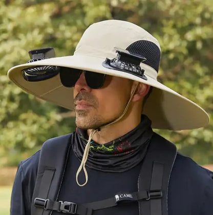 Men's Solar Fan Hat with 15cm Brim | Dual USB-Charged Ventilation & UV Protection for Hiking/Fishing