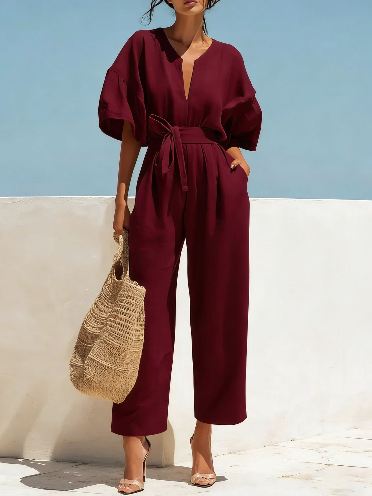 Women's Classic V-Neck Solid Color Jumpsuit