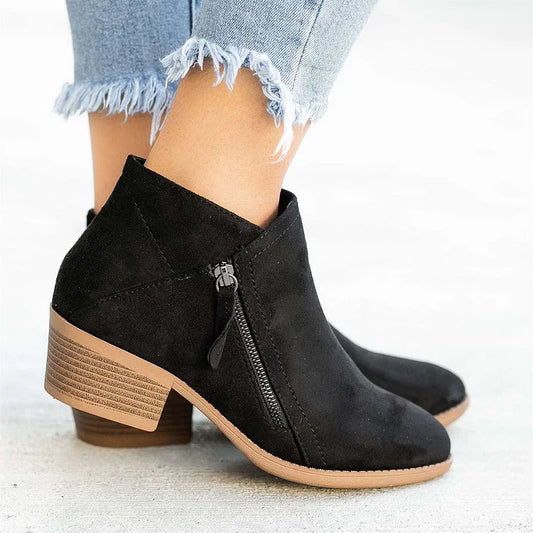 Ladies Low Heel Ankle Boots with Zipper - OutfitLondon
