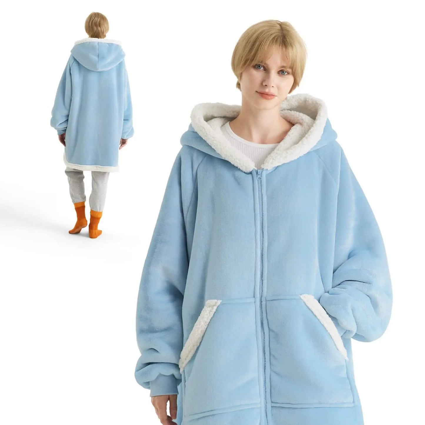 Plush Fleece Wearable Blanket Hoodie - Warm Zip Up