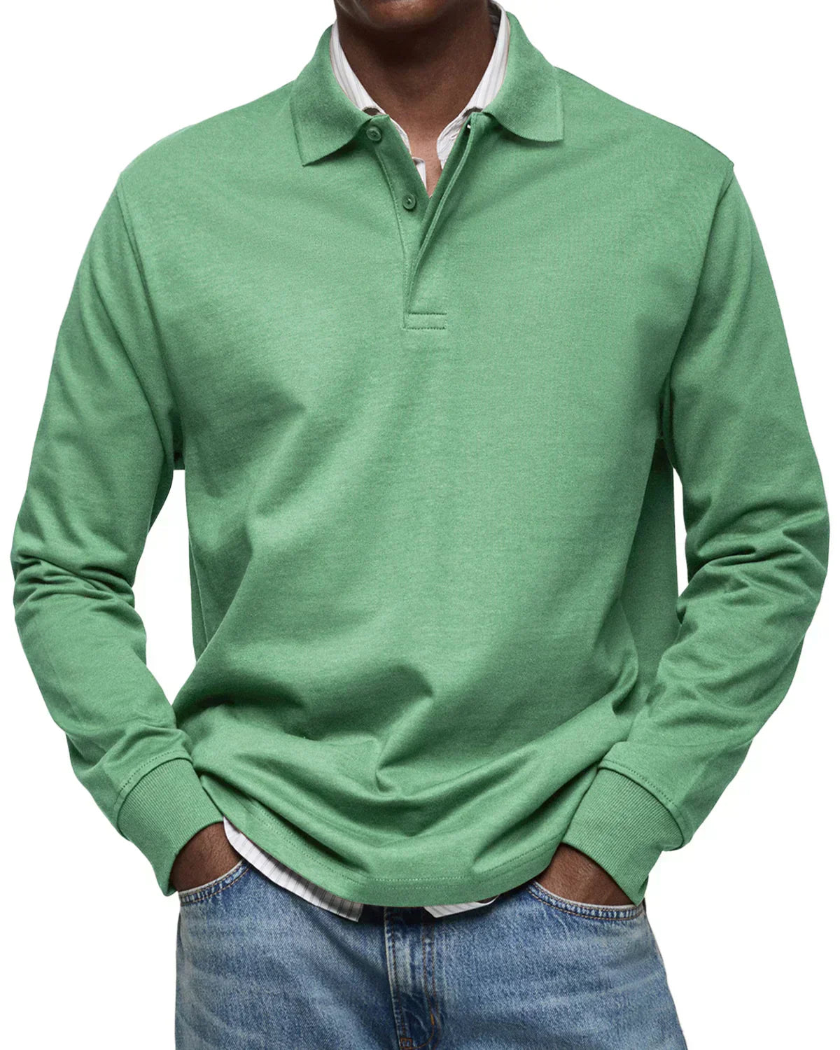 Men's Simple Long Sleeve Polo Top - Everyday Basic Tee