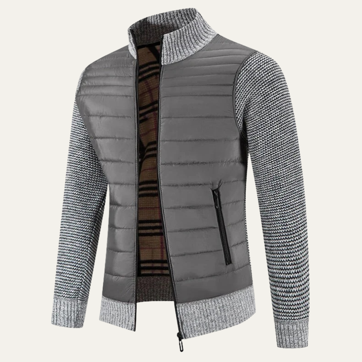 Warm Men's Quilted Bomber Jacket with Ribbed Sleeves