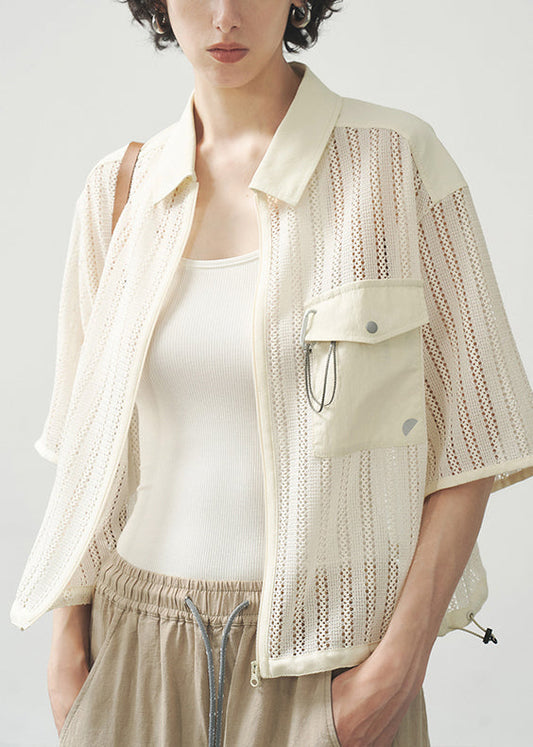 Women's Casual Cotton Blend Zip Jacket Short Sleeve Beige - OutfitLondon