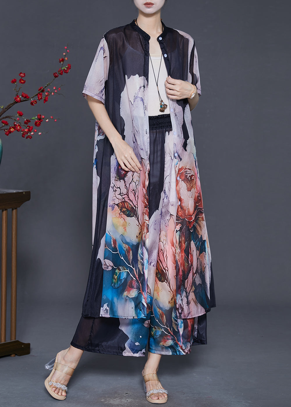 Women's Silk Chiffon Two Piece Oversized Black Beachwear - OutfitLondon
