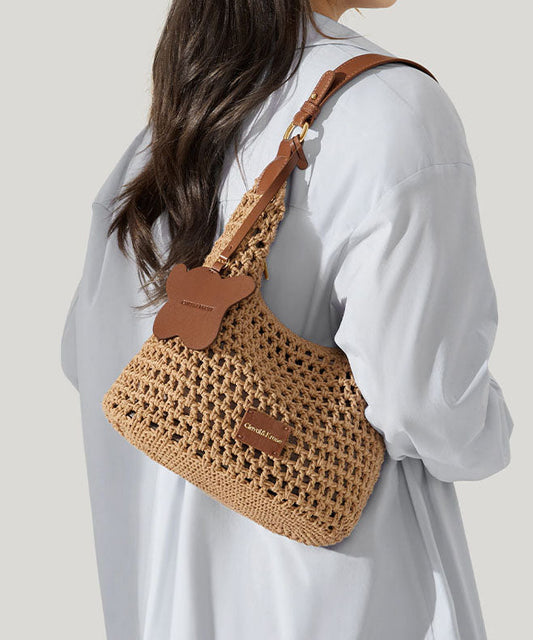 Large Khaki Straw Shoulder Bag - OutfitLondon