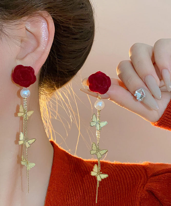 Women's Red Copper Butterfly Earrings With Pearl Beads - OutfitLondon