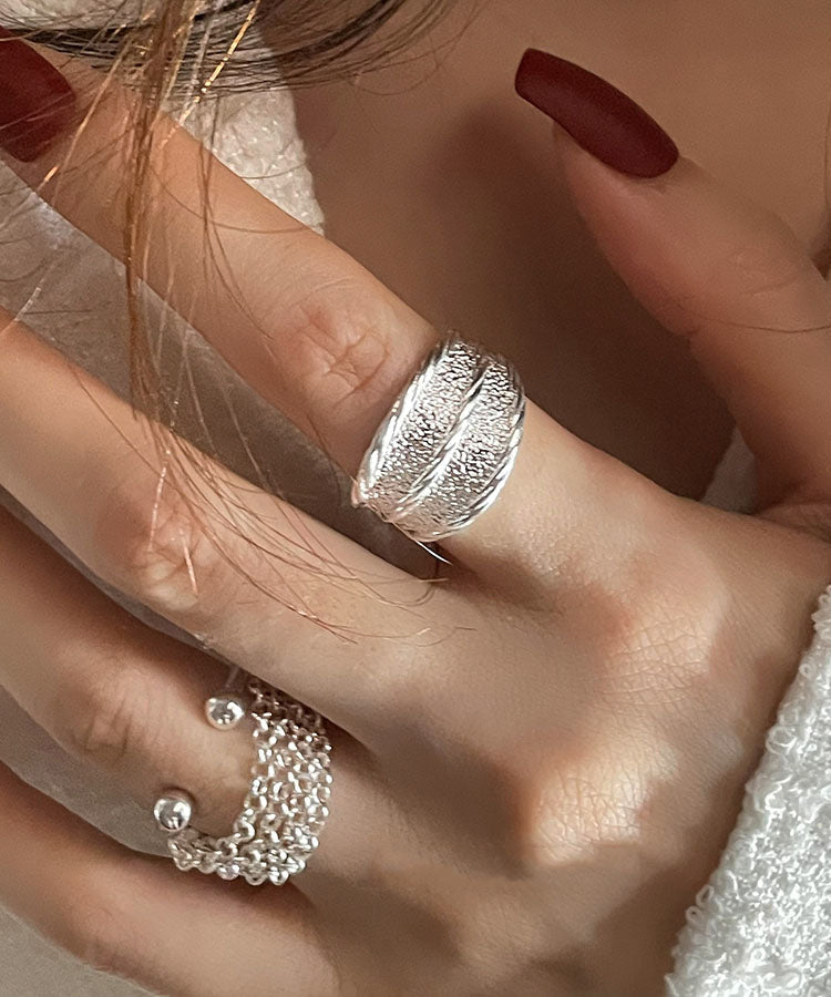 OutfitLondon Sterling Silver 2 Piece Ring Set Textured Silver - OutfitLondon