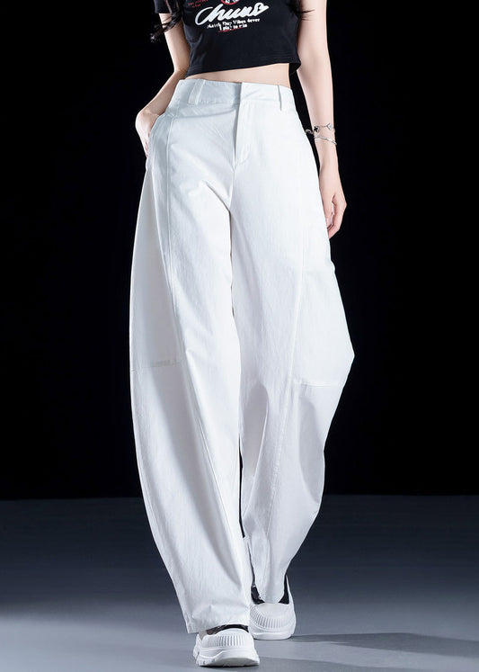 Women's High Waisted Cotton Pants White Elastic Waist - OutfitLondon
