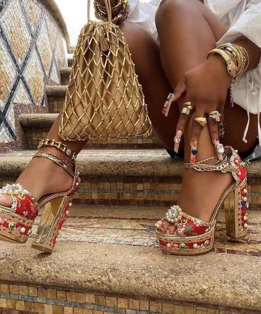 Women's Wedge Sandals Red Beaded 14cm Heel Cushioned Insole - OutfitLondon