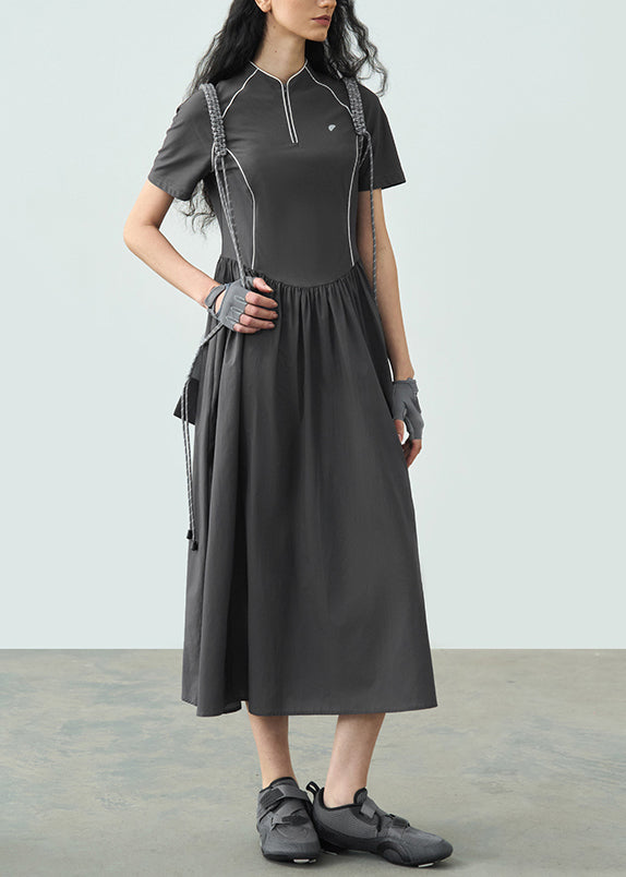 Women's Dark Grey Summer Dress Pleated Collar - OutfitLondon