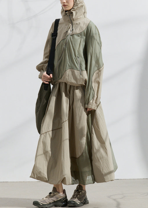 Women's Cotton Blend Two Piece Set Loose Coat Sun Skirt Green - OutfitLondon