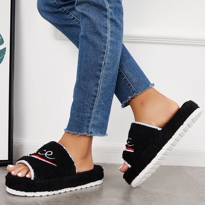 Warm Open Toe Flat Furry Slippers Cozy Slide Shoes