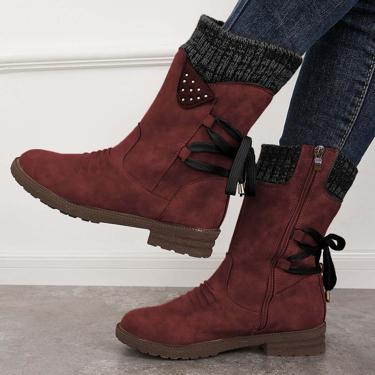 Waterproof Suede Block Heel Ankle Boots Side Zipper Booties
