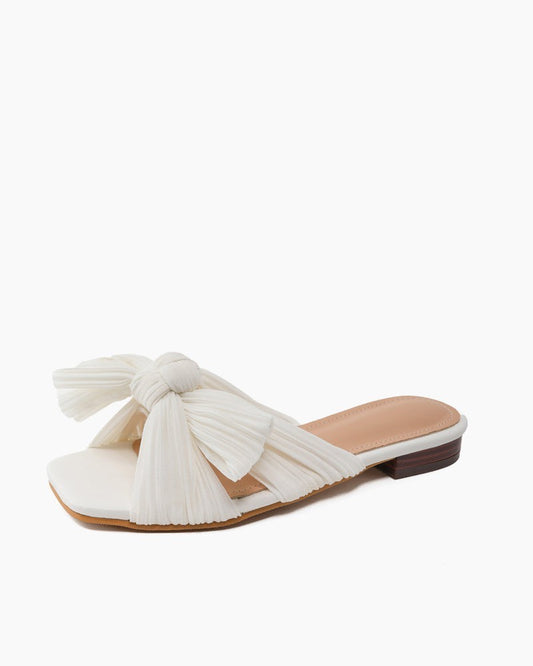 Pleated Bow Open Toe Comfort Slip On Slide Flat Sandals