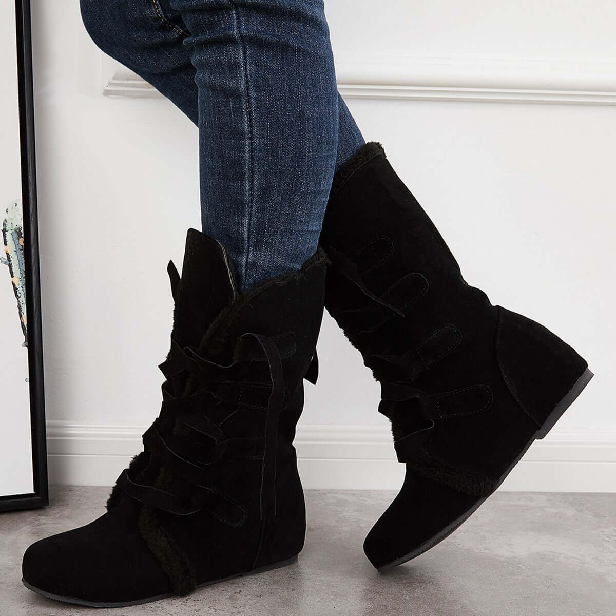 Warm Fur Mid Calf Snow Boots Wide Calf Hidden Wedge Boots