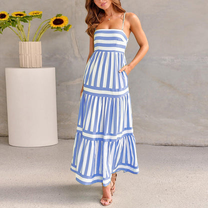 Women's Casual Striped Cotton Suspender Dress