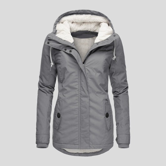 Women's Casual Hooded Fleece Jacket with Buckle and Pockets