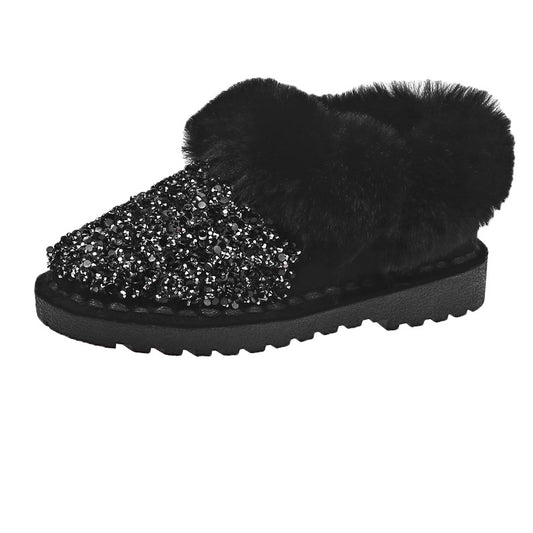 Faux Fur Sequin Flat Ankle Boots Side Zipper Short Booties