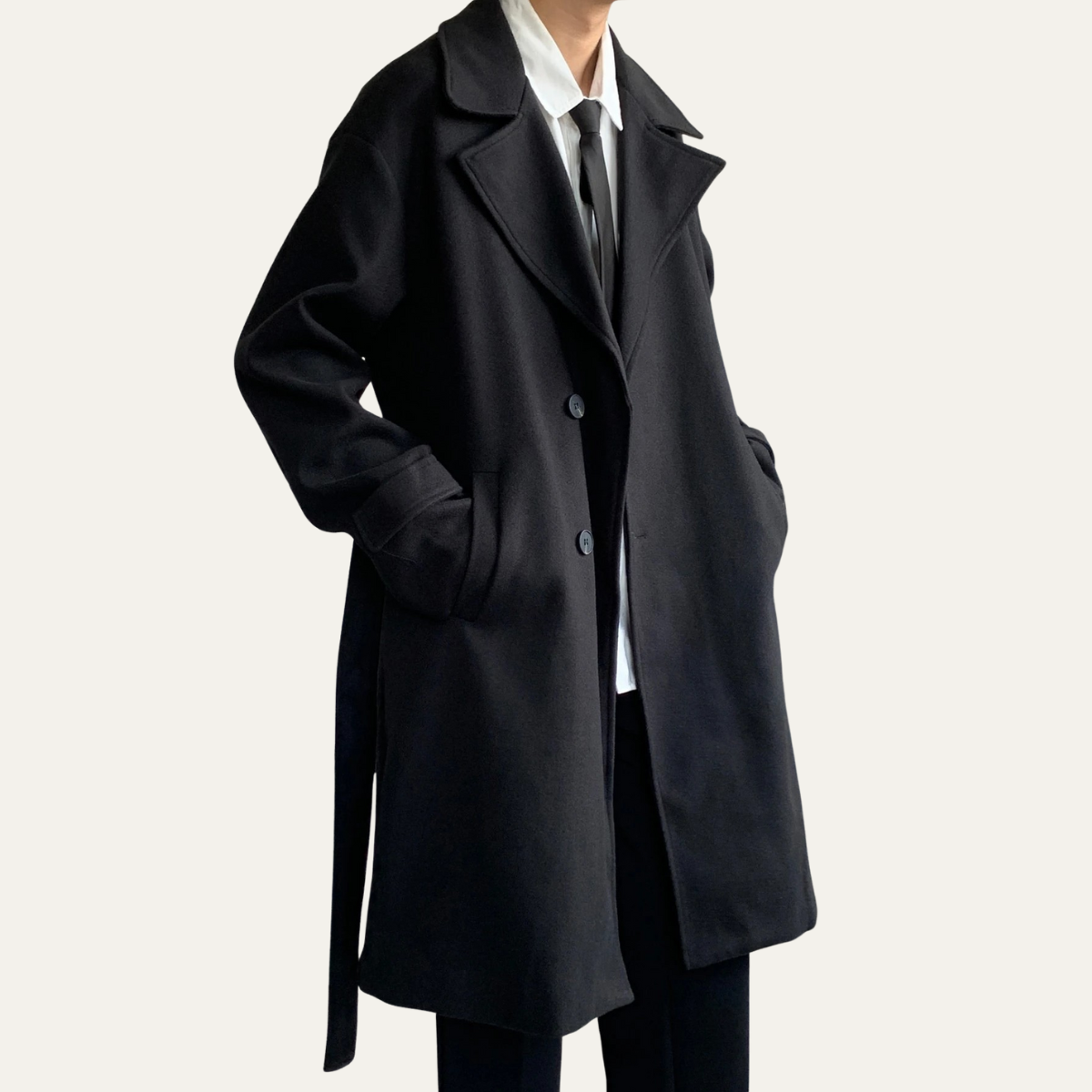 Classic Mens Wool Overcoat with Waist Belt