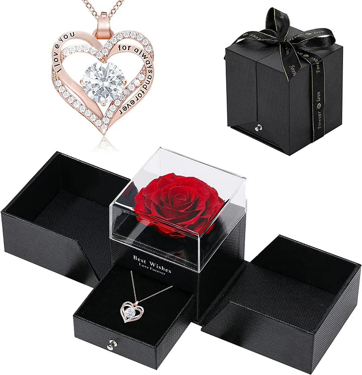 Preserved Real Rose With Forever Love Heart Necklace Gift Set
