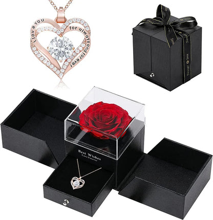 Preserved Real Rose With Forever Love Heart Necklace Gift Set