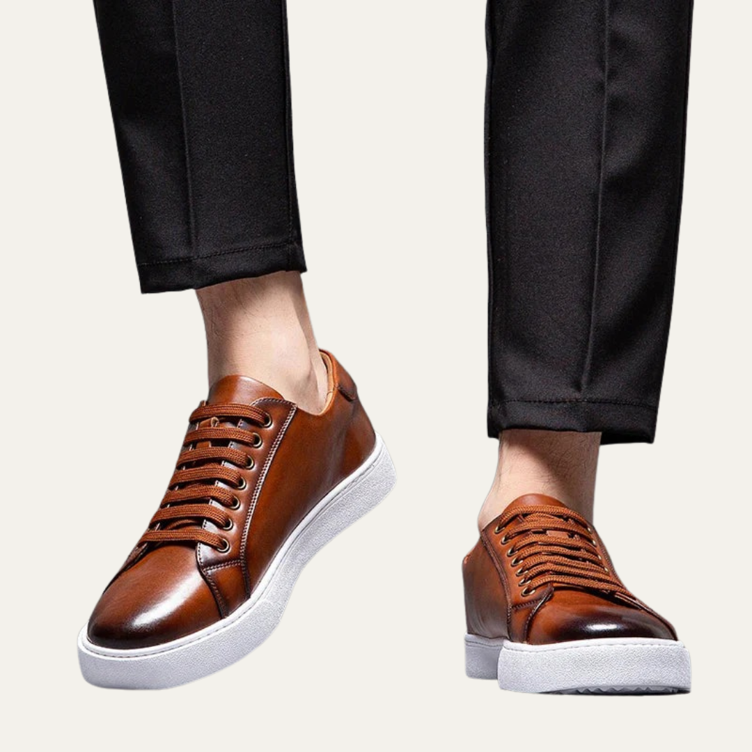 Classic Men's Low Top Leather Sneakers with Thick Sole