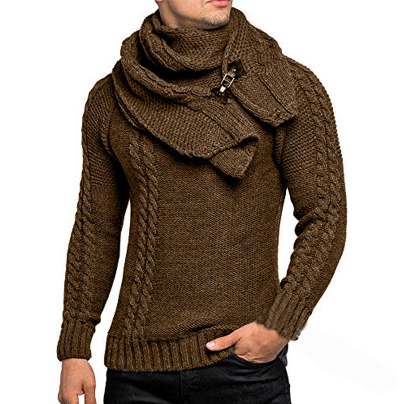 Men's Unique Off-Center Neck Sweater with Metal Buckle
