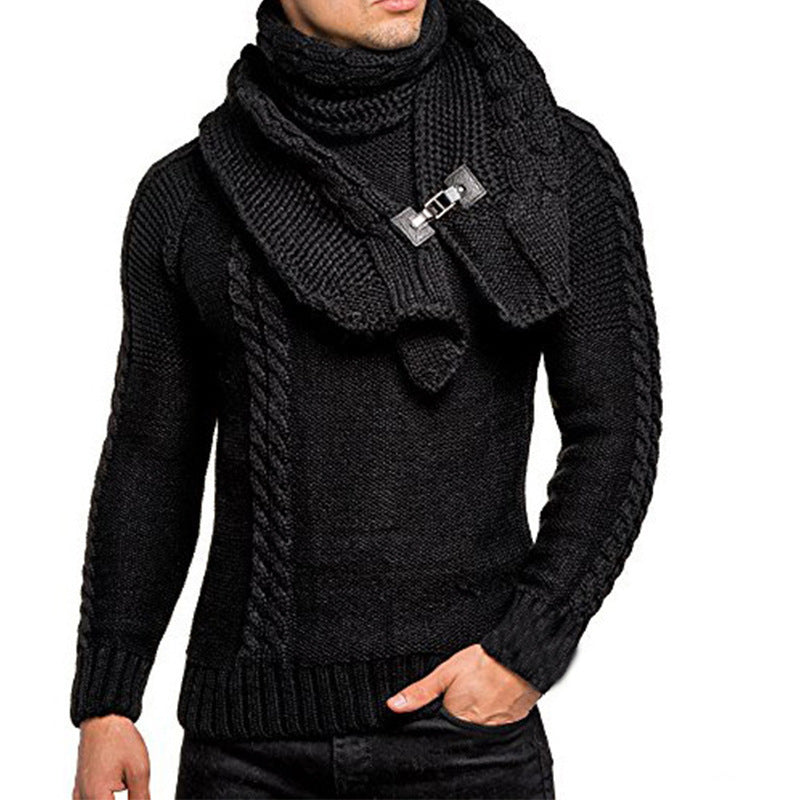Men's Unique Off-Center Neck Sweater with Metal Buckle