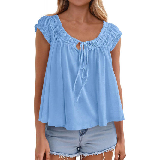 Women's Casual Lightweight Pleated Ruffle-Trimmed Top