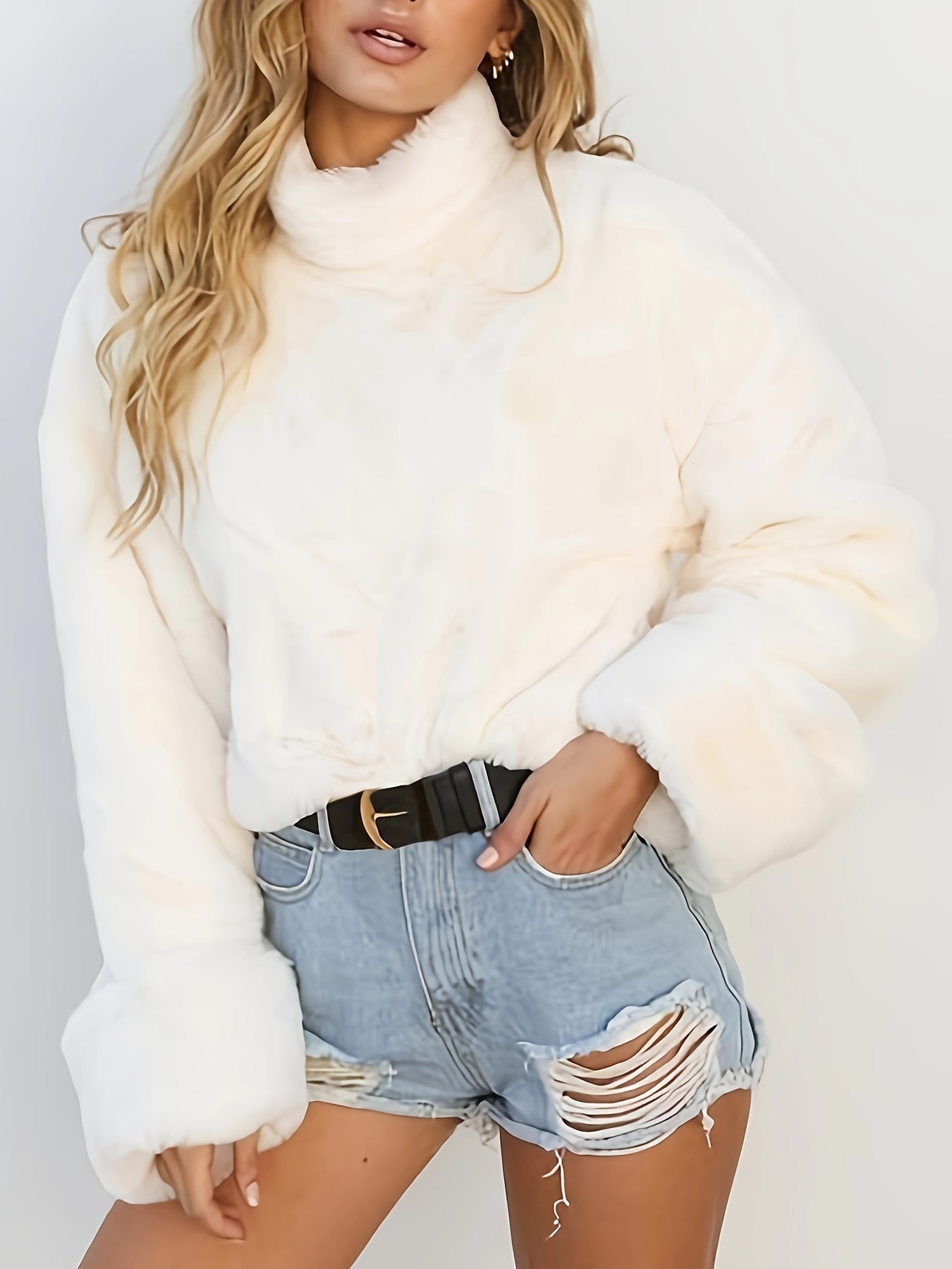 Cozy Ladies White Fake Fur Crew Sweater