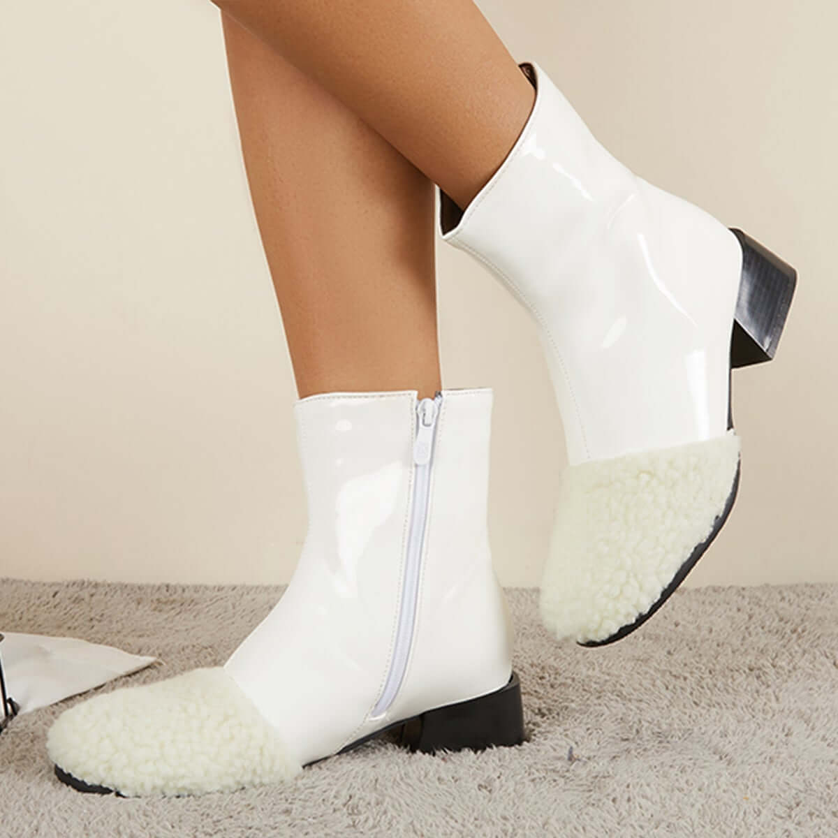 Winter Leather Waterproof Ankle Boots Block Heel Warm Snow Booties