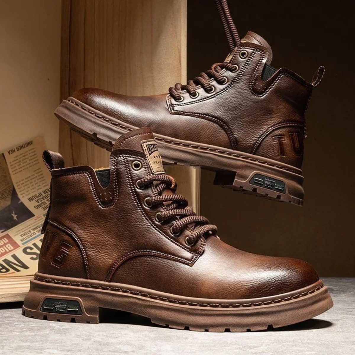 Rugged Men's Brown Leather Work Boots with Grip Sole