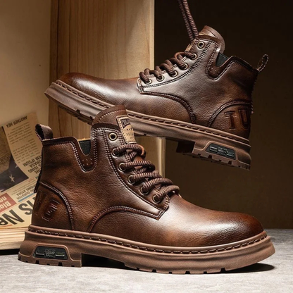 Rugged Men's Brown Leather Work Boots with Grip Sole