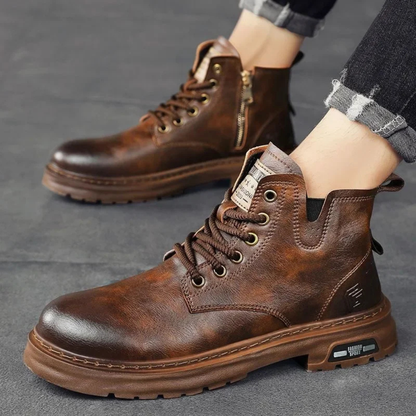 Rugged Men's Brown Leather Work Boots with Grip Sole